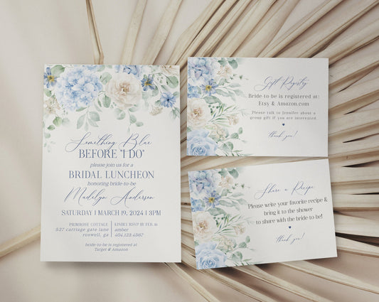 Blue Floral Bridal Shower Invitation Bundle Printable Template, Something Blue Before I Do spring bridal shower Light Blue Hydrangea Flowers