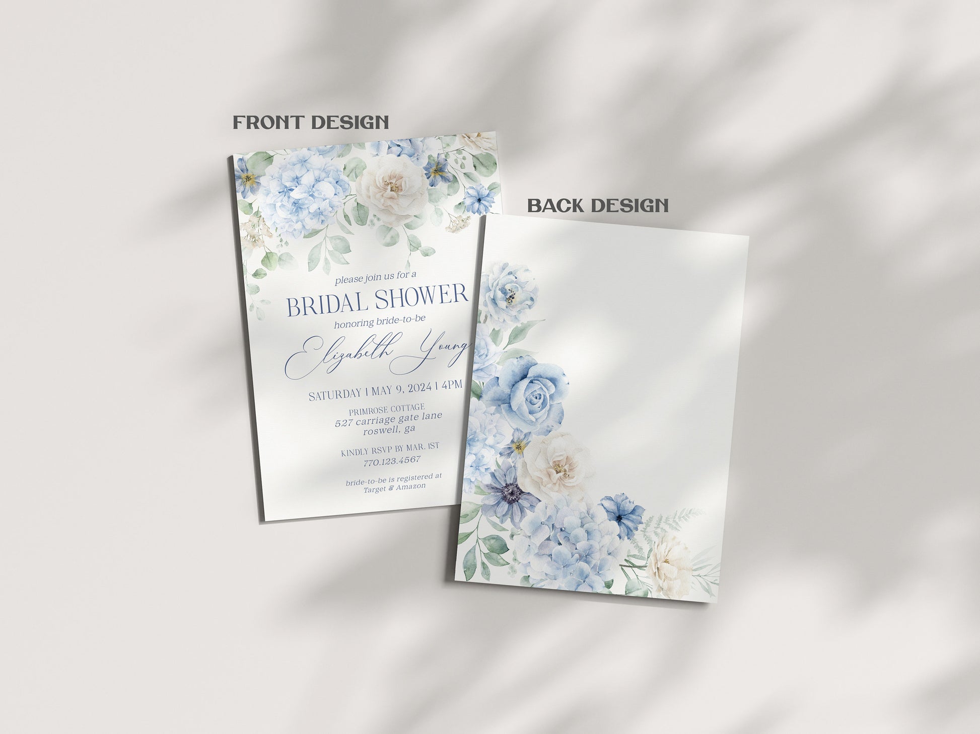 Blue Floral Bridal Shower Invitation Bundle Printable Template, Something Blue spring bridal shower, Light Blue Hydrangeas Flowers