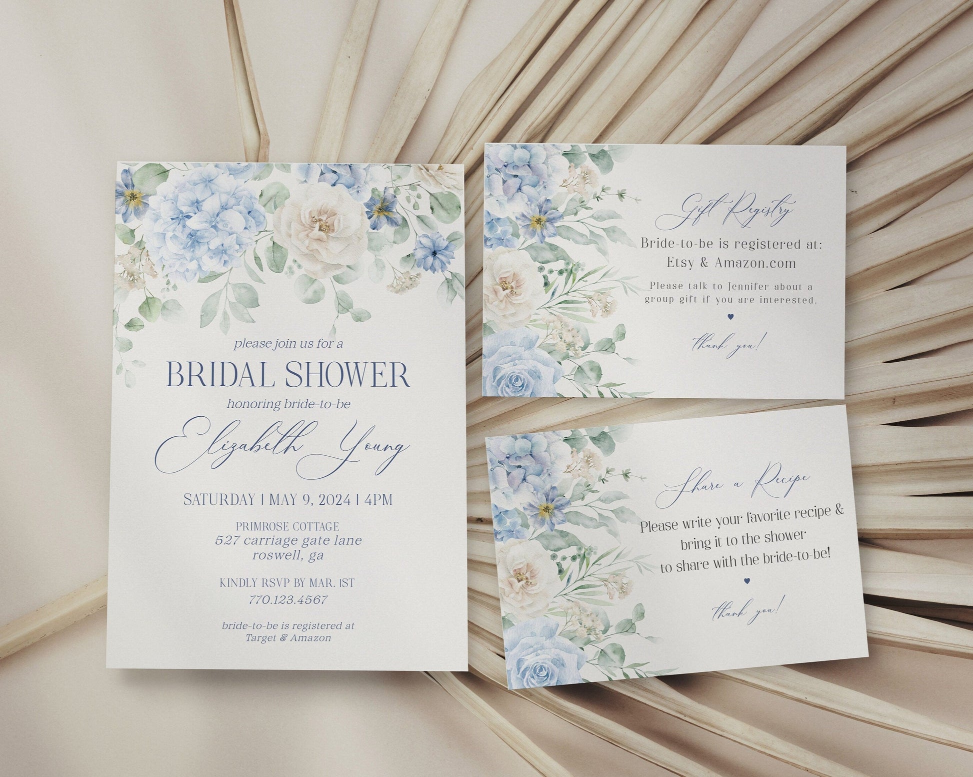 Blue Floral Bridal Shower Invitation Bundle Printable Template, Something Blue spring bridal shower, Light Blue Hydrangeas Flowers