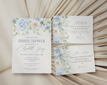 Blue Floral Bridal Shower Invitation Bundle Printable Template, Something Blue spring bridal shower, Light Blue Hydrangeas Flowers