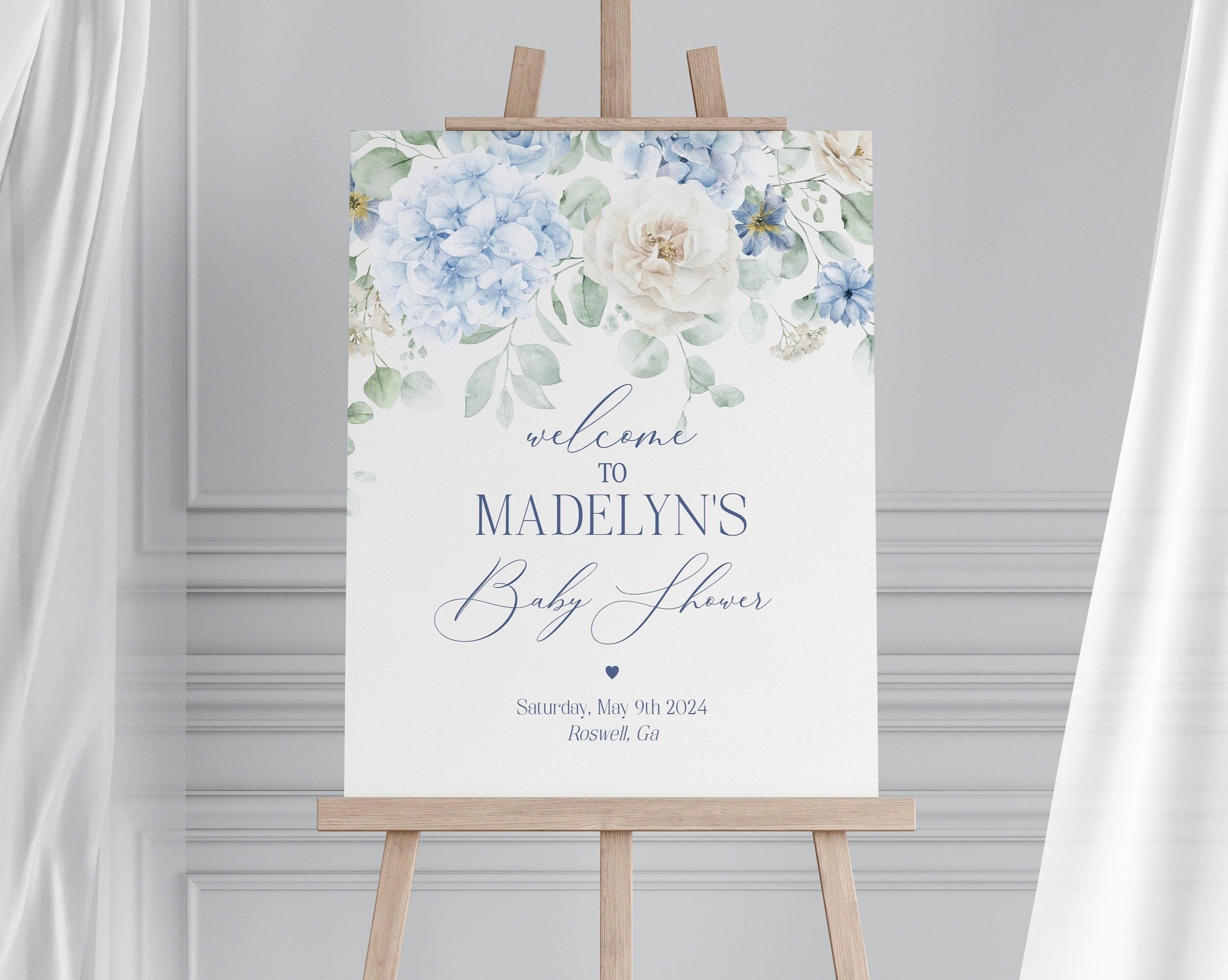 Blue Floral Baby Shower Welcome Sign Printable Template, Blue Baby in Bloom baby shower for spring Light Blue Hydrangea Flowers download