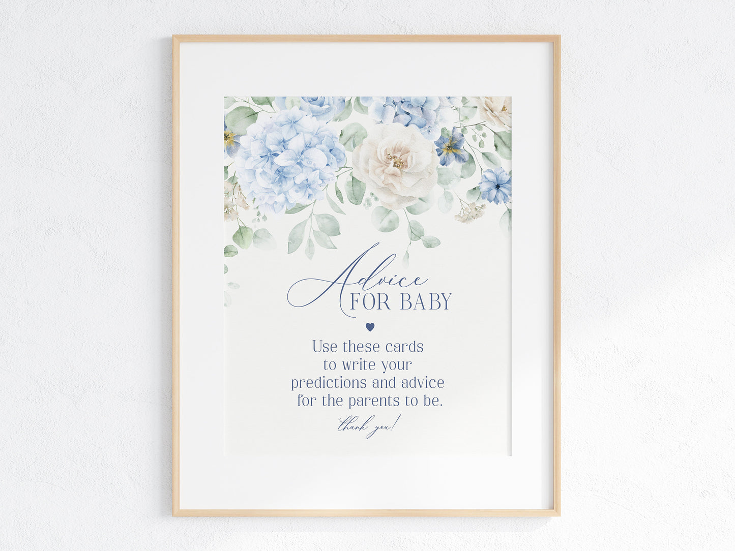 Blue Floral Advice for Baby Cards Printable Template, Blue Baby in Bloom baby shower for spring Light Blue Hydrangea Flowers Summer Shower