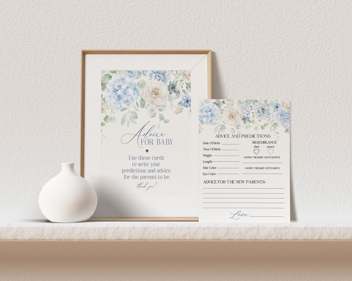 Blue Floral Advice for Baby Cards Printable Template, Blue Baby in Bloom baby shower for spring Light Blue Hydrangea Flowers Summer Shower