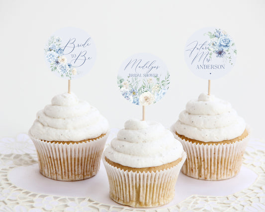 Blue Floral Bridal Shower Cupcake Toppers Printable Template, Something Blue Before I Do spring bridal shower Light Blue Hydrangea Flowers