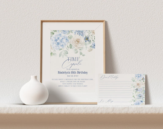 Blue Floral Time Capsule Printable Template, Blue Baby in Bloom baby shower for spring Light Blue Hydrangea Flowers download