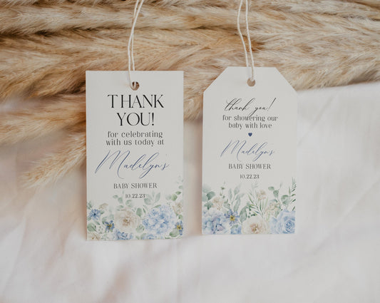 Blue Floral Baby Shower Favor Tags Printable Template, Blue Baby in Bloom baby shower for spring, Light Blue Hydrangea Flowers download