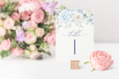 Blue Floral Table Number Cards Printable Template, Something Blue Before I Do spring bridal shower Light Blue Hydrangea Baby in Bloom