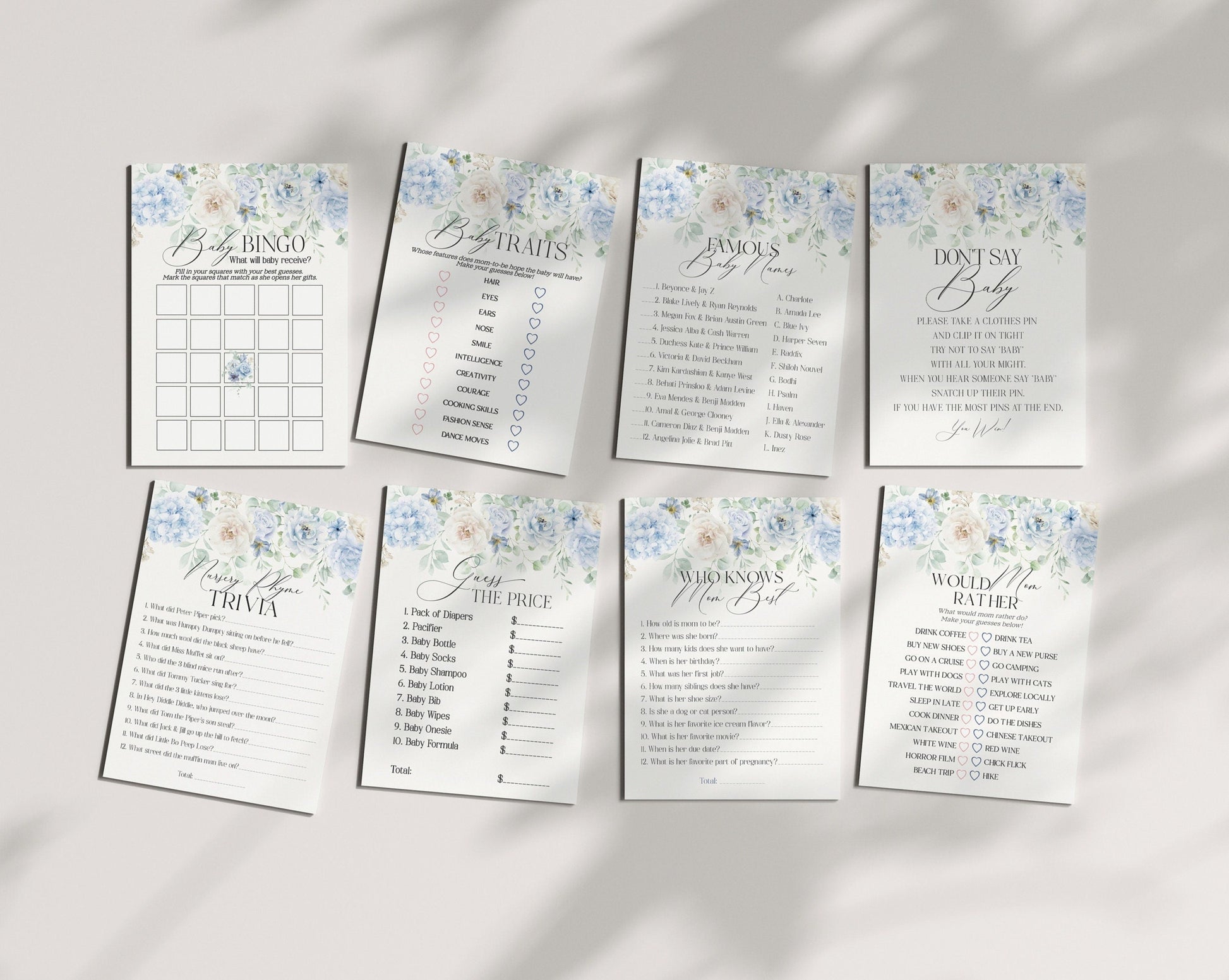 Blue Floral Baby Shower Games Set Printable Template, Blue Baby in Bloom spring baby shower Light Blue Hydrangea Flowers instant download