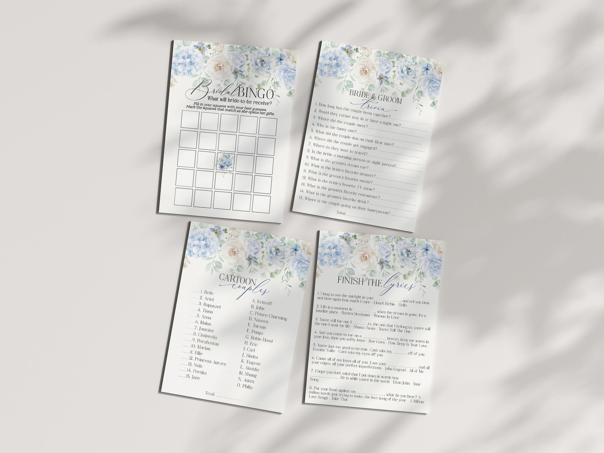 Blue Floral Bridal Shower Games Set Printable Template, Something Blue Before I Do spring bridal shower Light Blue Hydrangea Flowers