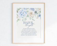  Blue Floral Baby Shower Diaper Thoughts Sign Printable Template, Blue Baby in Bloom baby shower for spring Light Blue Hydrangea Flowers