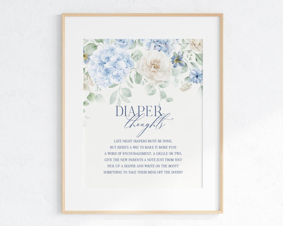 Blue Floral Baby Shower Diaper Thoughts Sign Printable Template, Blue Baby in Bloom baby shower for spring Light Blue Hydrangea Flowers