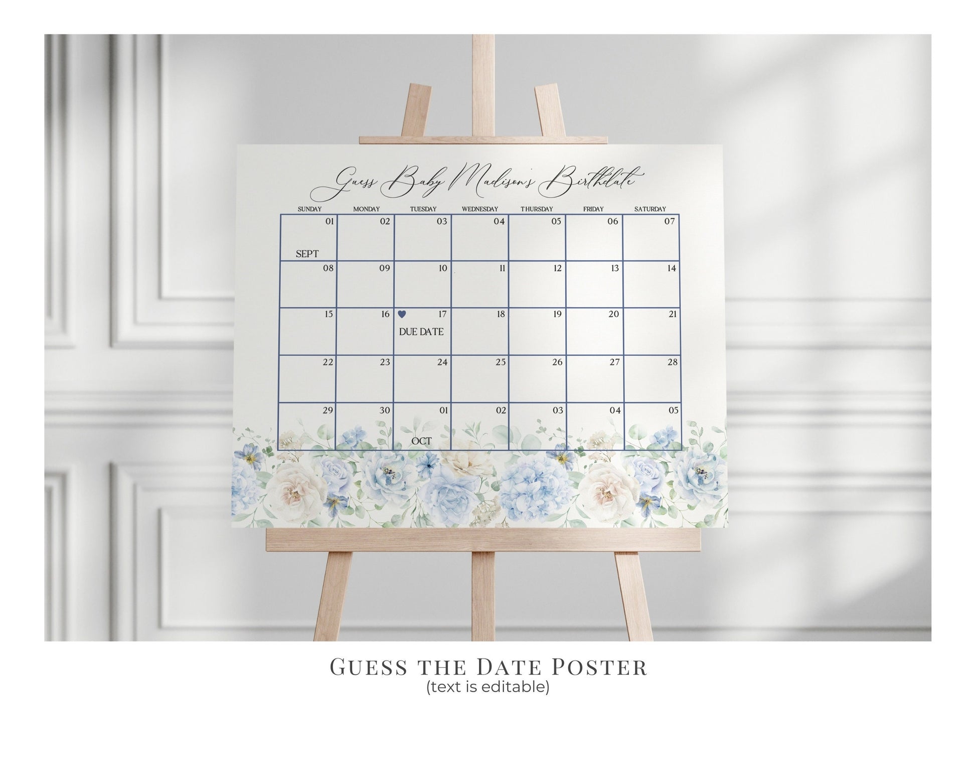 Blue Floral Baby Shower Guess the Date Game Template, Blue Baby in Bloom baby shower for spring Light Blue Hydrangea Flowers download