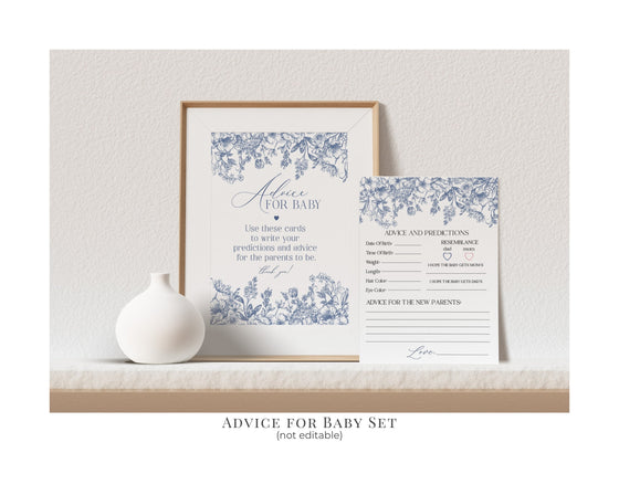 Blue Chinoiserie Baby Shower Printable Bundle, Blue Baby in Bloom Elegant baby shower for spring, Toile Invitations for French Baby Shower