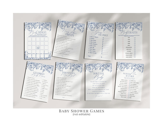 Blue Chinoiserie Baby Shower Printable Bundle, Blue Baby in Bloom Elegant baby shower for spring, Toile Invitations for French Baby Shower