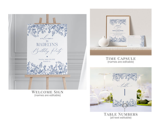 Blue Chinoiserie First Birthday Bundle Printable Template, Elegant Blue Toile Decor for Birthday Party, French Theme Spring Birthday Party
