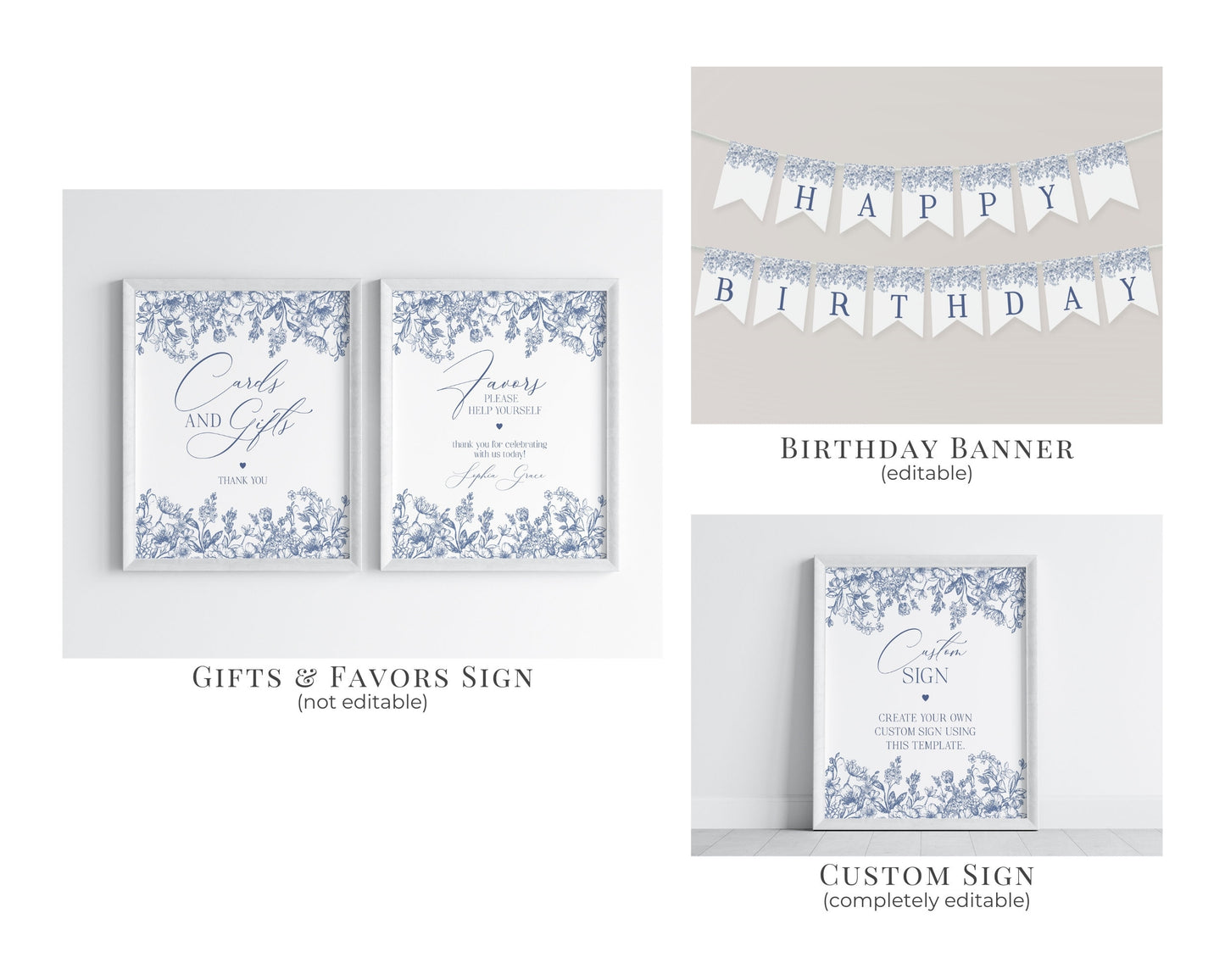 Blue Chinoiserie First Birthday Bundle Printable Template, Elegant Blue Toile Decor for Birthday Party, French Theme Spring Birthday Party