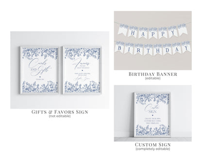 Blue Chinoiserie First Birthday Bundle Printable Template, Elegant Blue Toile Decor for Birthday Party, French Theme Spring Birthday Party