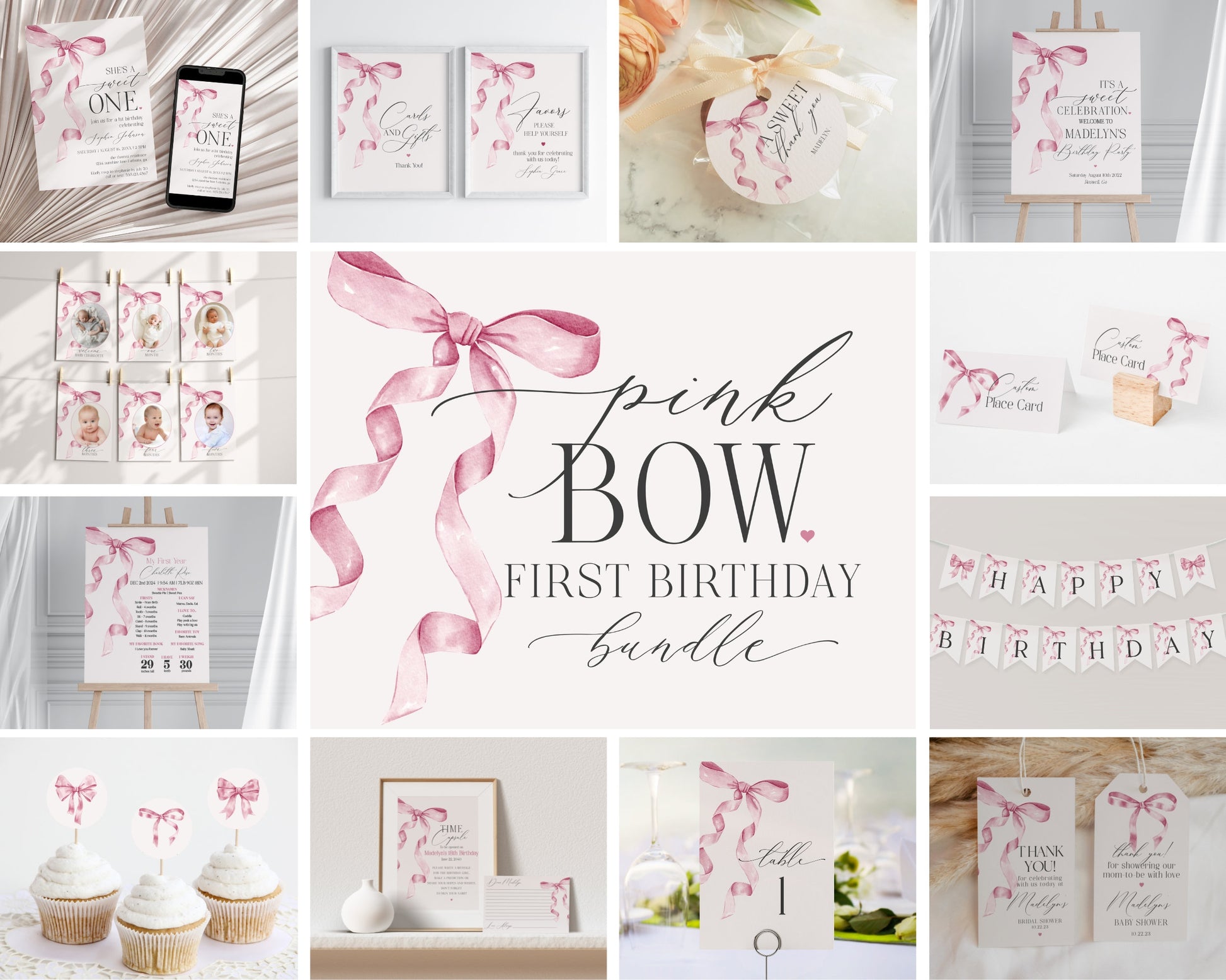 Pink Bow First Birthday Bundle Printable Template, Watercolor preppy coquette bow theme party for fancy southern girl, grandmillenial bow