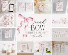  Pink Bow First Birthday Bundle Printable Template, Watercolor preppy coquette bow theme party for fancy southern girl, grandmillenial bow
