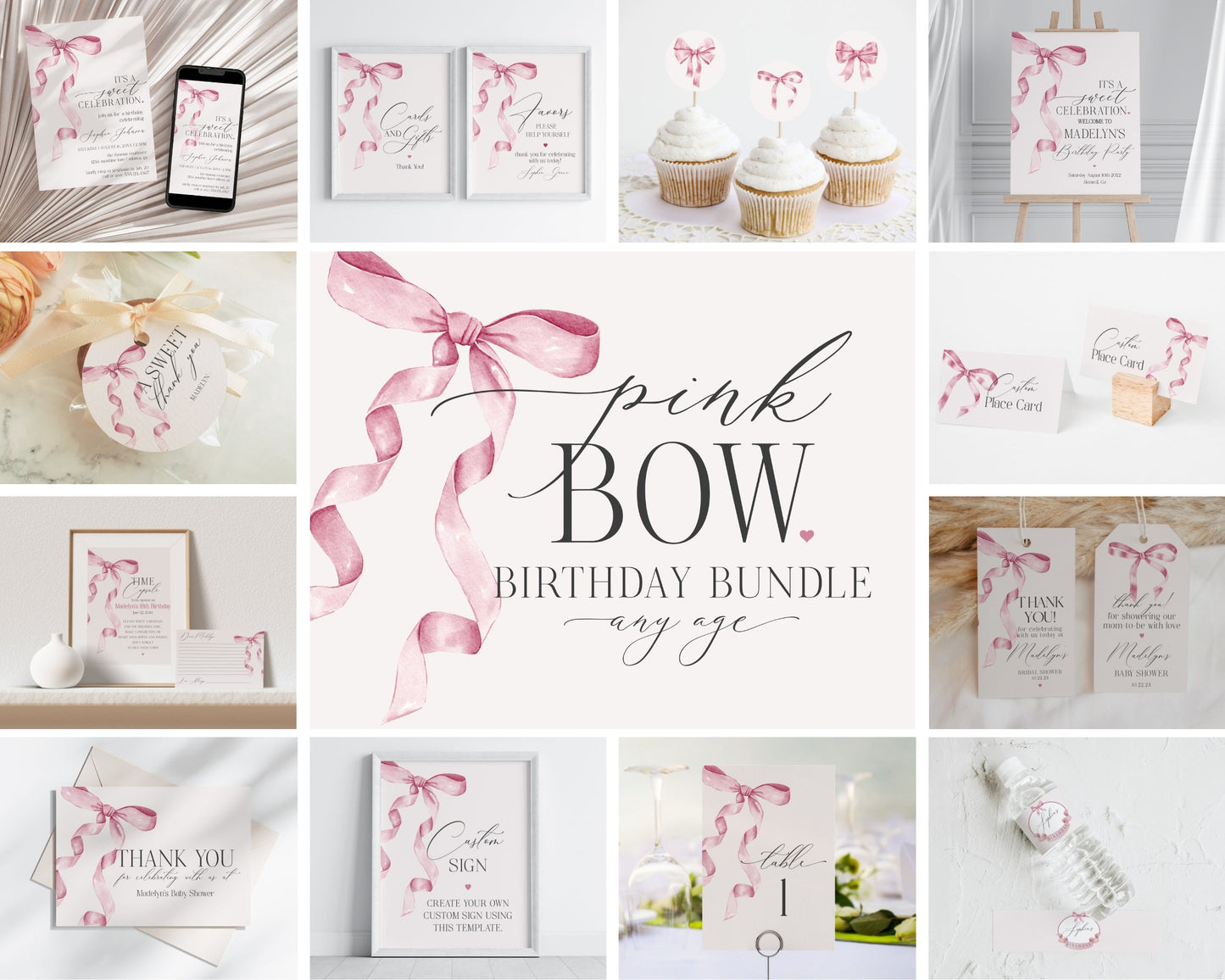 Pink Bow Birthday Bundle Printable Template, Watercolor preppy coquette bow theme party for fancy southern girl, grandmillenial bow decor