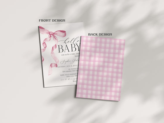Pink Bow Baby Shower Invitation Printable Template, Watercolor preppy coquette bow theme party for fancy southern girl, grandmillenial bow
