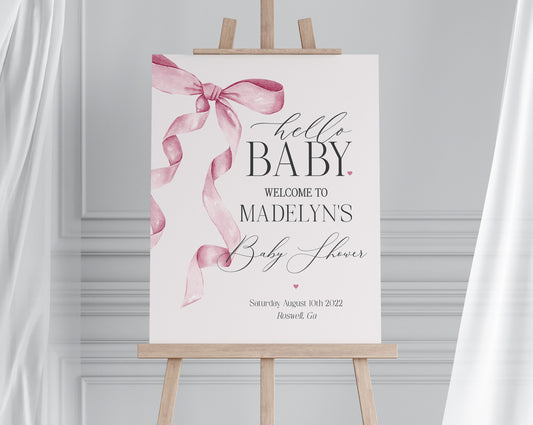 Pink Bow Baby Shower Welcome Sign Printable Template, Watercolor preppy coquette bow theme party for fancy southern girl, grandmillenial bow