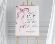  Pink Bow Baby Shower Welcome Sign Printable Template, Watercolor preppy coquette bow theme party for fancy southern girl, grandmillenial bow