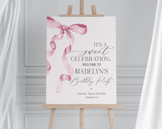 Pink Bow Birthday Welcome Sign Printable Template, Watercolor preppy coquette bow theme party for fancy southern girl, grandmillenial bow