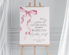  Pink Bow Birthday Welcome Sign Printable Template, Watercolor preppy coquette bow theme party for fancy southern girl, grandmillenial bow