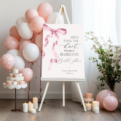 Pink Bow Bridal Shower Welcome Sign Printable Template, Watercolor preppy coquette bow theme party for fancy southern girl grandmillenial