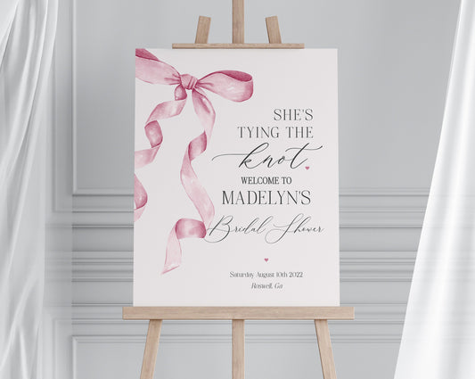 Pink Bow Bridal Shower Welcome Sign Printable Template, Watercolor preppy coquette bow theme party for fancy southern girl grandmillenial