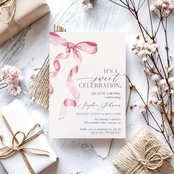 Pink Bow Birthday Invitation Printable Template, Watercolor preppy coquette bow theme party for fancy southern girl grandmillenial bow decor