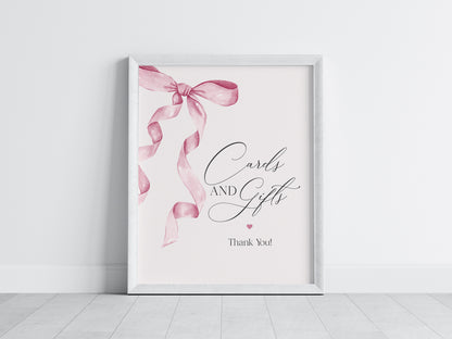 Pink Bow Cards & Gifts and Favors Sign Printable Template, Watercolor preppy coquette bow theme party for fancy southern girl grandmillenial