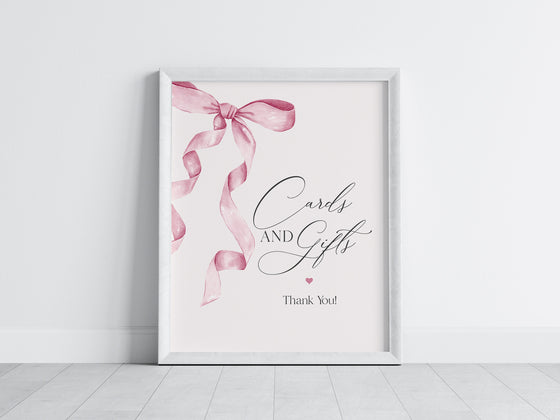 Pink Bow Cards & Gifts and Favors Sign Printable Template, Watercolor preppy coquette bow theme party for fancy southern girl grandmillenial