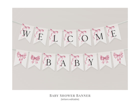 Pink Bow Baby Shower Banner Printable Template, Watercolor preppy coquette bow theme party for fancy southern girl, grandmillenial bow decor