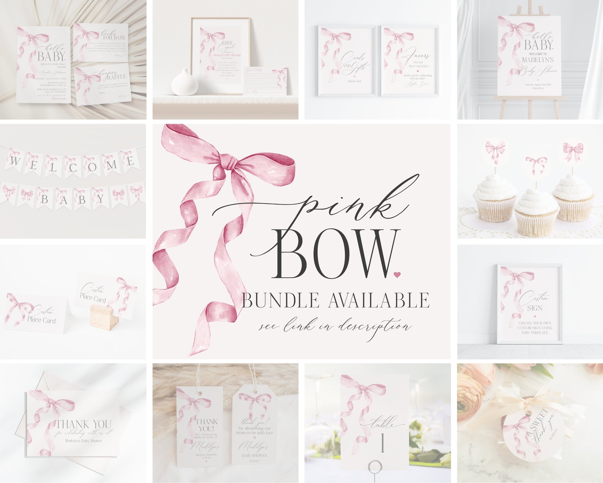 Pink Bow Birthday Banner Printable Template, Watercolor preppy coquette bow theme party for fancy southern girl, grandmillenial bow decor