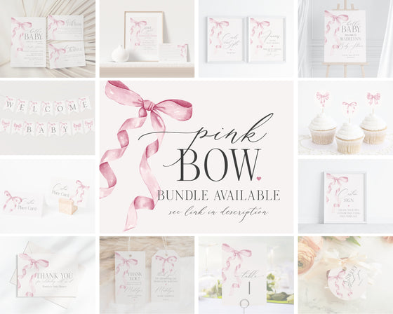 Pink Bow Birthday Banner Printable Template, Watercolor preppy coquette bow theme party for fancy southern girl, grandmillenial bow decor