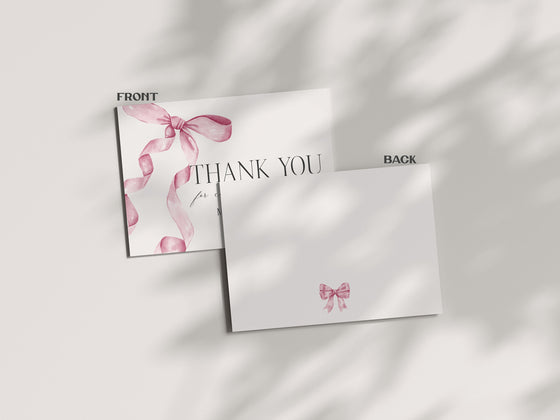 Pink Bow Thank You Card Printable Template, Watercolor preppy coquette bow theme party for fancy southern girl, grandmillenial bow decor
