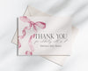 Pink Bow Thank You Card Printable Template, Watercolor preppy coquette bow theme party for fancy southern girl, grandmillenial bow decor