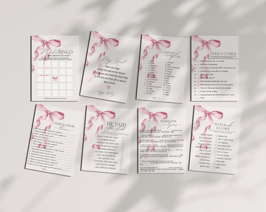 Pink Bow Bridal Shower Games Set Printable Template, Watercolor preppy coquette bow theme party for fancy southern bride, tied the knot