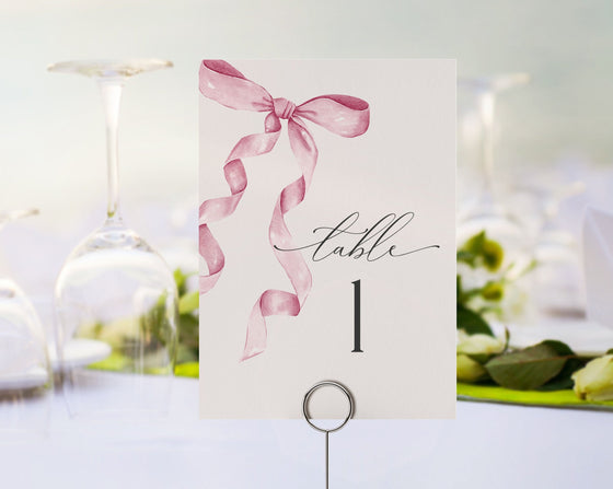 Pink Bow Table Number Cards Printable Template, Watercolor preppy coquette bow theme party for fancy southern girl, grandmillenial bow decor