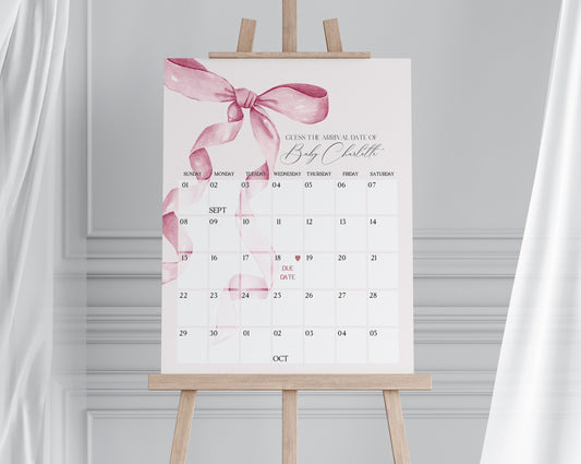 Pink Bow Baby Shower Guess the Date Game Template, Watercolor preppy coquette bow theme party for fancy southern girl grandmillenial bow