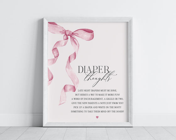 Pink Bow Baby Shower Diaper Thoughts Sign Printable Template, Watercolor preppy coquette bow theme party for fancy southern girl
