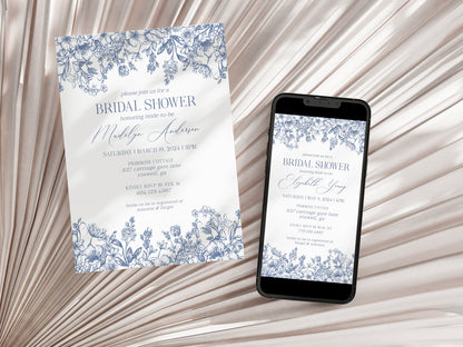 Blue Chinoiserie Bridal Shower Invitation Bundle Printable Template, French Toile Spring Bridal Shower for Brunch With Bride