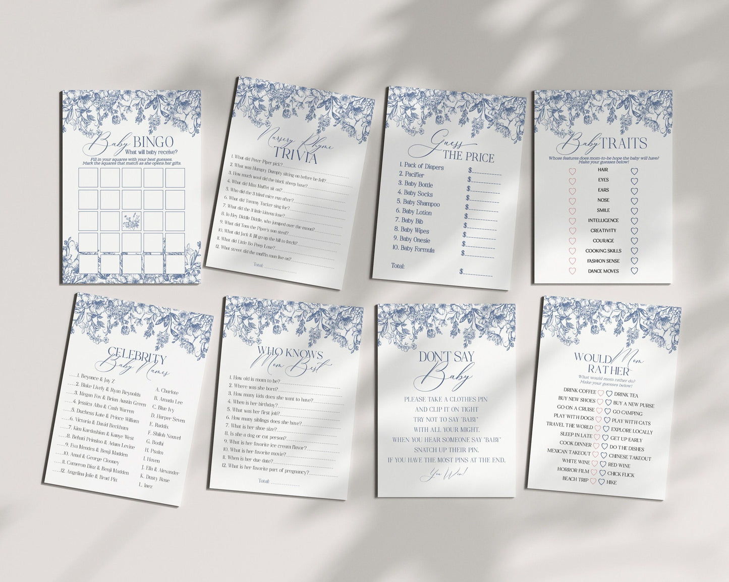 Blue Chinoiserie Baby Shower Games Set Printable Template, Blue Baby in Bloom spring baby shower Toile Shower Decor for French Baby Shower