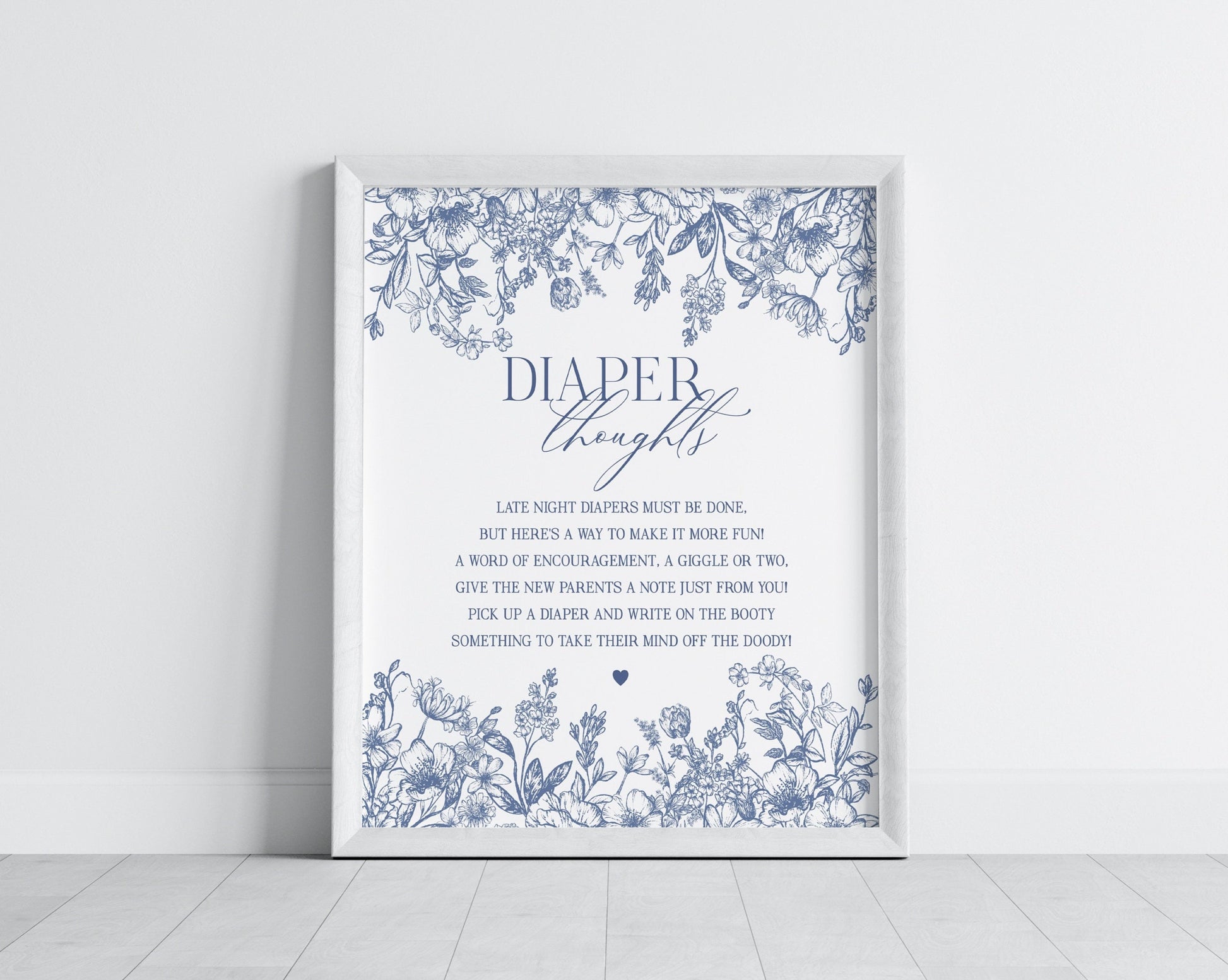 Blue Chinoiserie Baby Shower Diaper Thoughts Sign Printable Template, Toile Blue Baby in Bloom Elegant Baby Shower for Spring French Shower