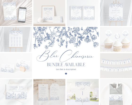Blue Chinoiserie Baby Shower Diaper Thoughts Sign Printable Template, Toile Blue Baby in Bloom Elegant Baby Shower for Spring French Shower