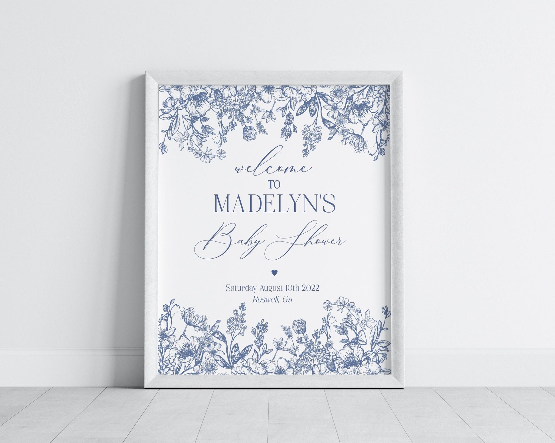 Blue Chinoiserie Baby Shower Welcome Sign Printable Template, Blue Baby in Bloom Elegant Baby Shower for Spring Toile Decor for FrenchShower