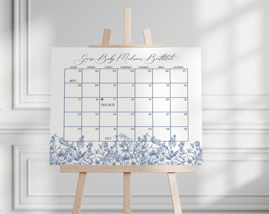 Blue Chinoiserie Baby Shower Guess the Date Game Template, Blue Baby in Bloom Elegant Baby Shower for Spring, Toile Decor for French Shower