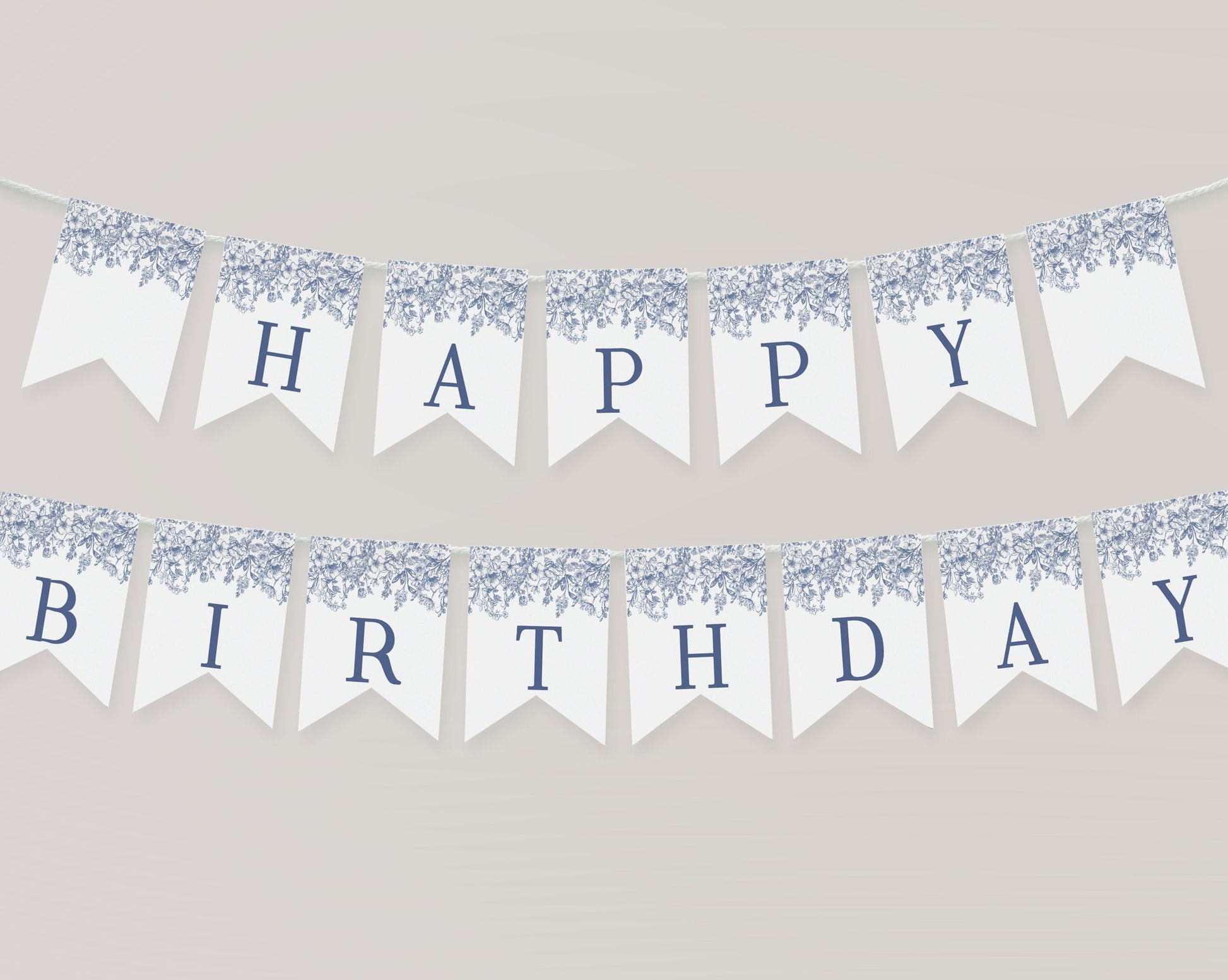 Blue Chinoiserie Happy Birthday Banner Printable Template, Elegant Blue Toile Decor for Birthday Party, French Theme Birthday Party Spring